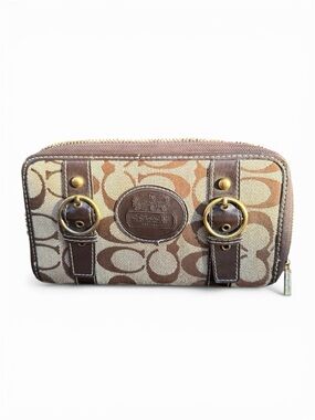 Coach Signature Monogram Zip Wallet Brown Canvas & Leather 🤎